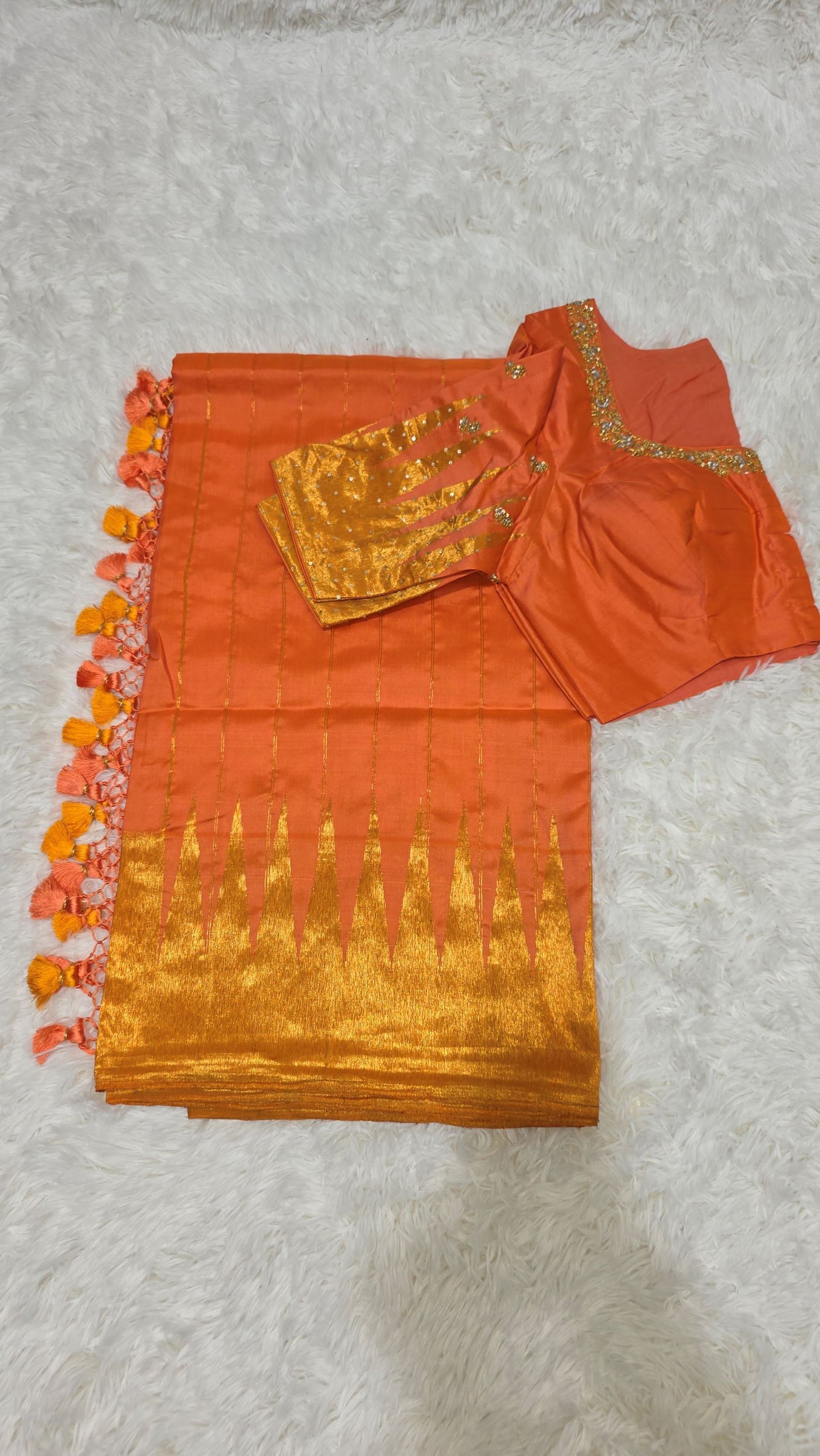 Gadwal Silk Saree – Vibrant Orange with Golden Zari Accents & Matching Embroidered Blouse