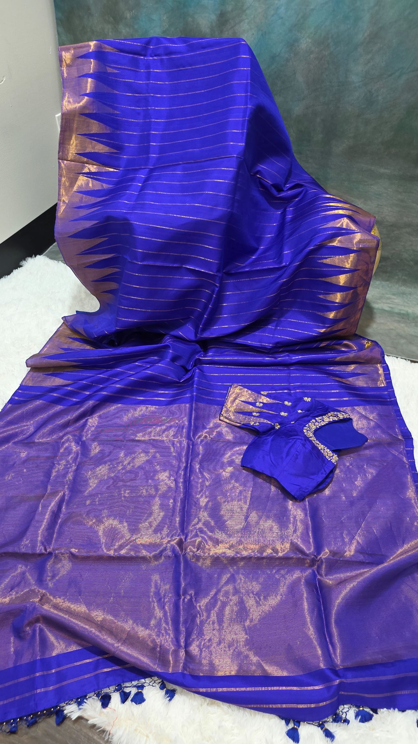 Royal Blue Gadwal Silk Saree with Golden Zari Accents & Embroidered Designer Blouse