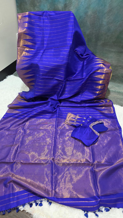 Royal Blue Gadwal Silk Saree with Golden Zari Accents & Embroidered Designer Blouse