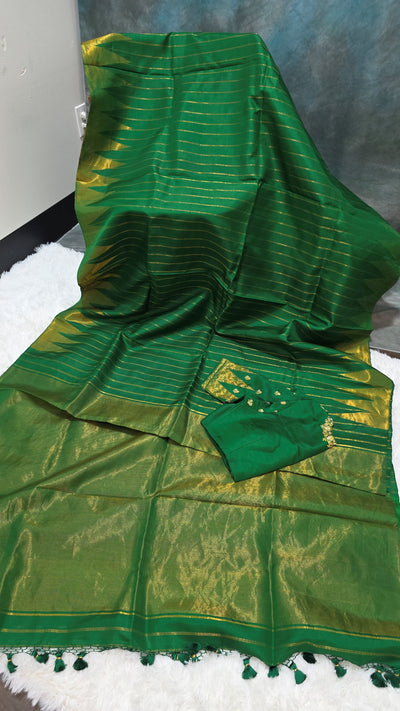 Emerald Green Gadwal Silk Saree with Golden Zari Weave & Designer Blouse