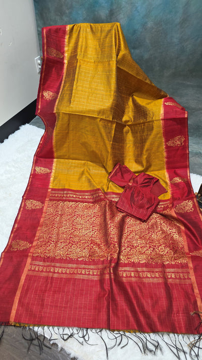 Khadi Silk Saree – Mustard Yellow with Maroon Border & Rich Golden Zari Weaving, Handloom Traditional Saree with Matching Blouse