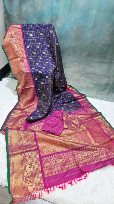 Gadwal Pure Silk Saree – Navy Blue, Handwoven Traditional Indian Saree with Matching Blouse