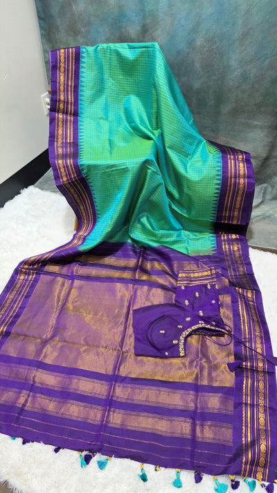 Gadwal Silk Saree – Teal Green with Purple Border & Zari Work, Handwoven Traditional Saree with Embroidered Blouse