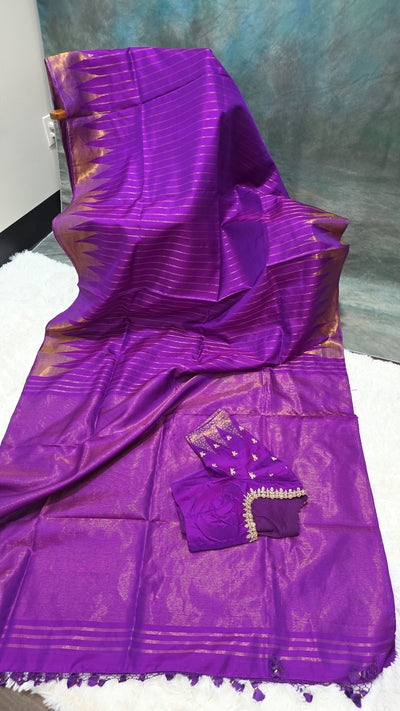 Purple Gadwal Silk Saree with Golden Zari Accents & Designer Blouse