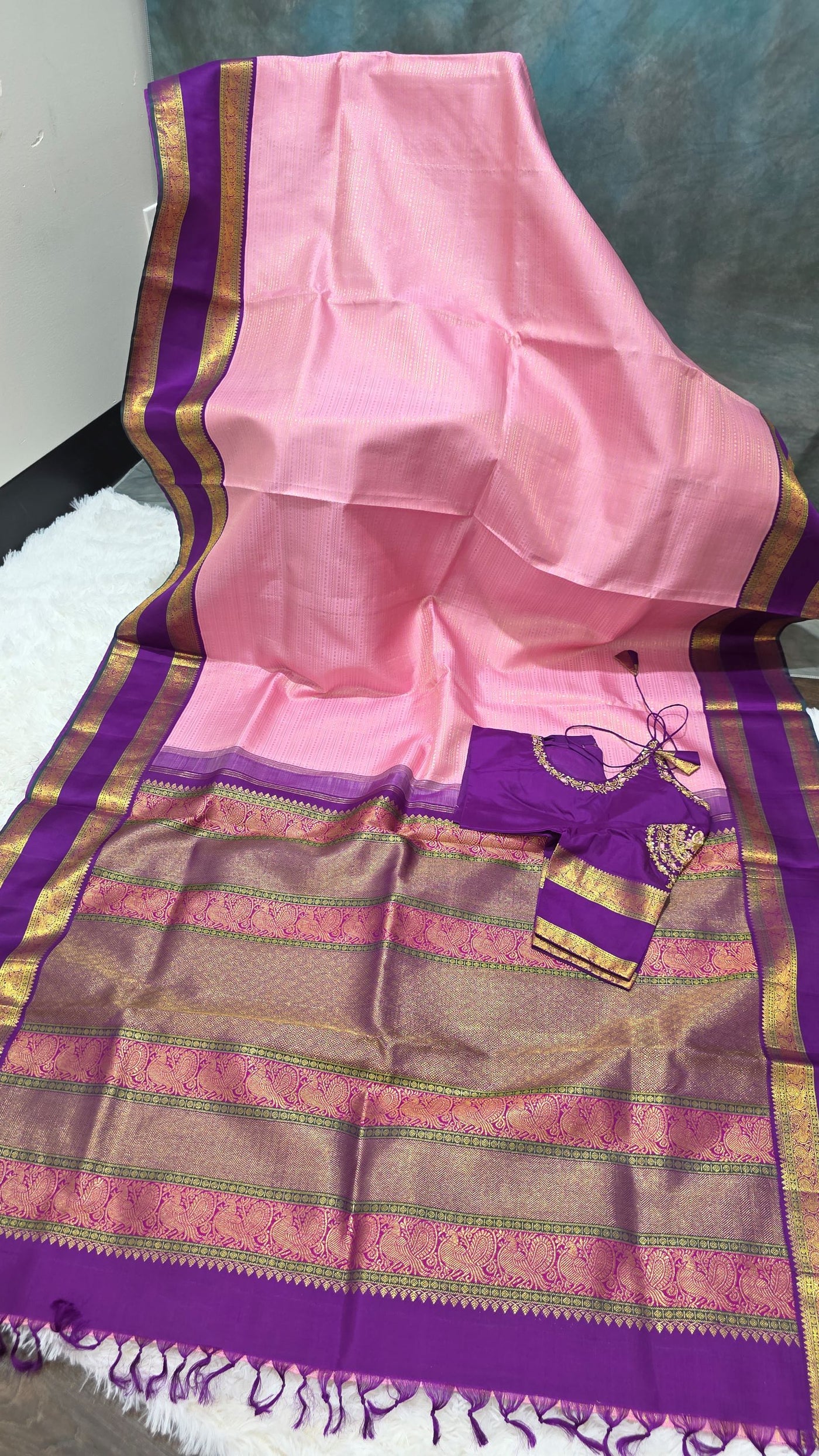 Kanchipattu Silk Saree – Baby Pink with Purple Border & Zari Work, Elegant Designer Blouse