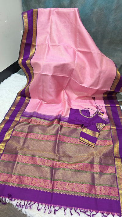 Kanchipattu Silk Saree – Baby Pink with Purple Border & Zari Work, Elegant Designer Blouse