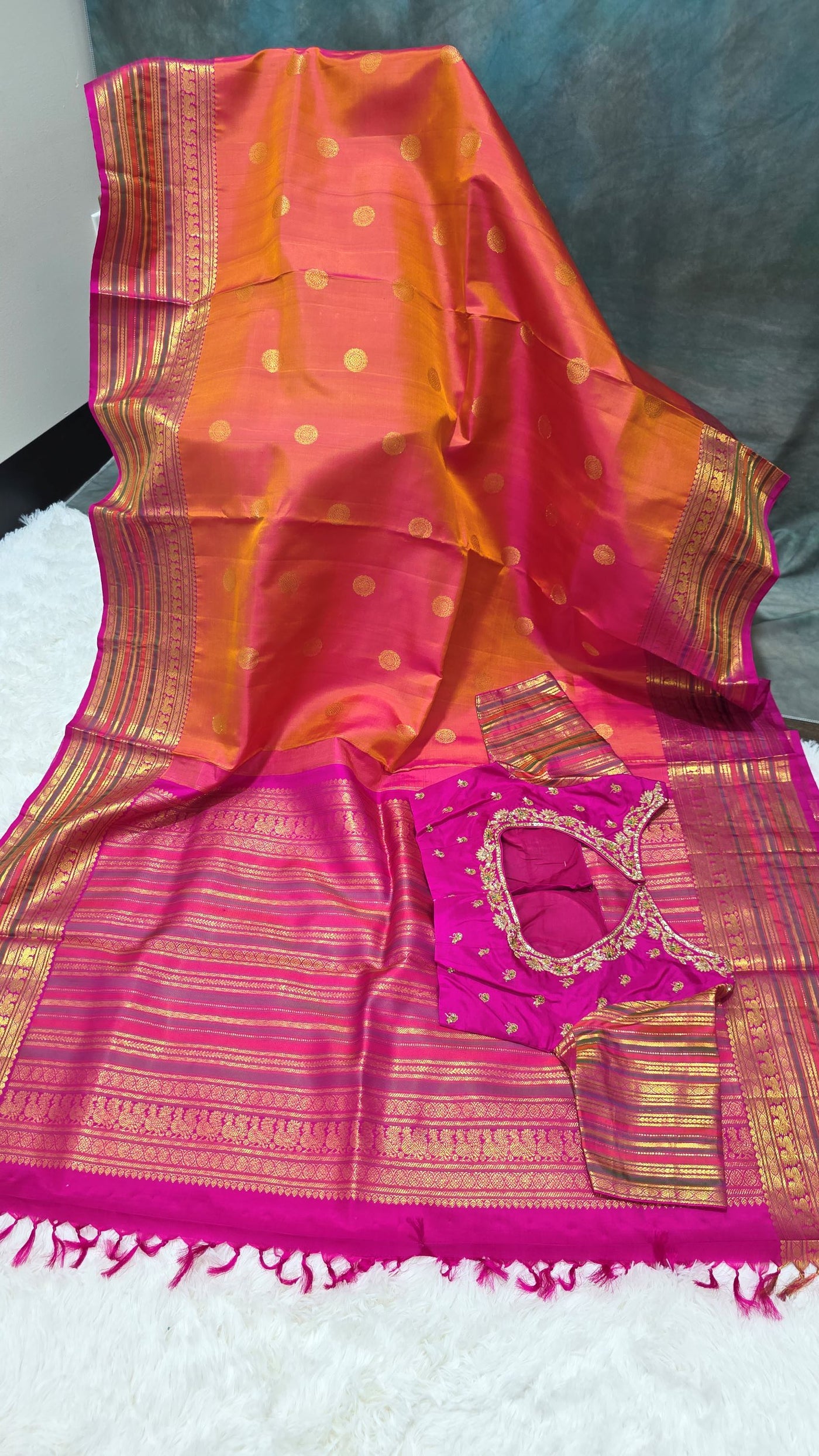 Kanchipattu Silk Saree – Orange & Pink Dual Tone with Gold Zari Weave and Embroidered Blouse