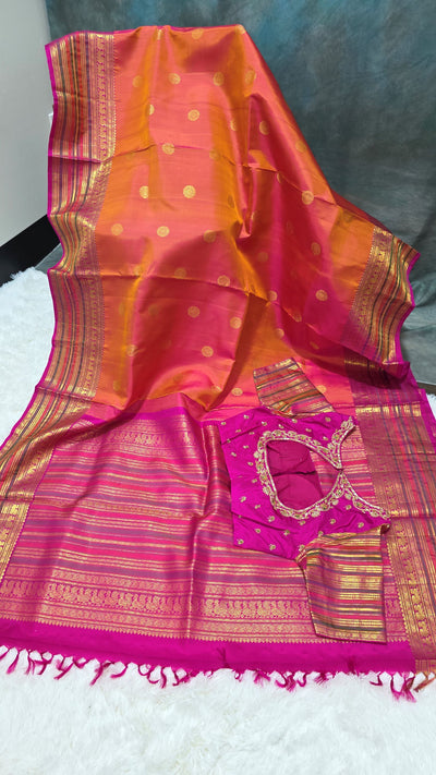 Kanchipattu Silk Saree – Orange & Pink Dual Tone with Gold Zari Weave and Embroidered Blouse