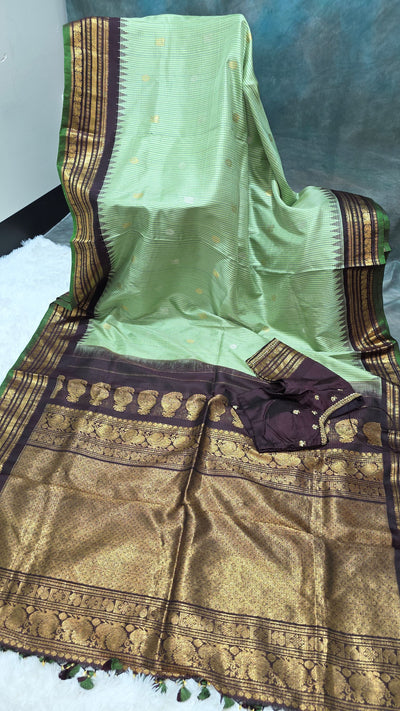 Gadwal Silk Saree – Light Green Body with Brown Border & Golden Zari