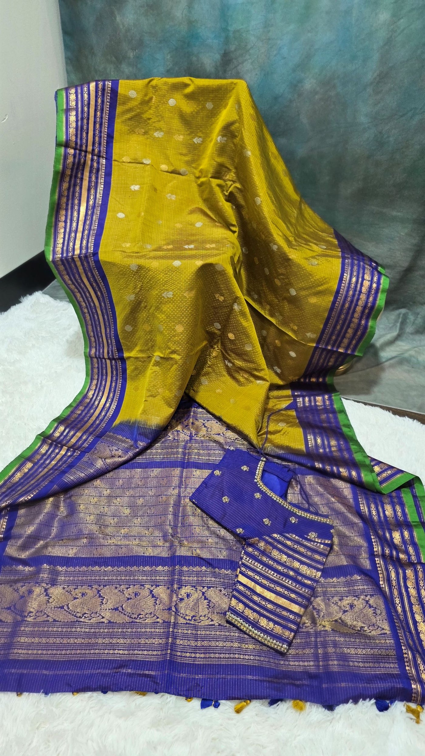 Gadwal Pure Silk Saree – Mustard Green with Royal Blue Border & Blouse, Handwoven with Rich Gold Zari Work