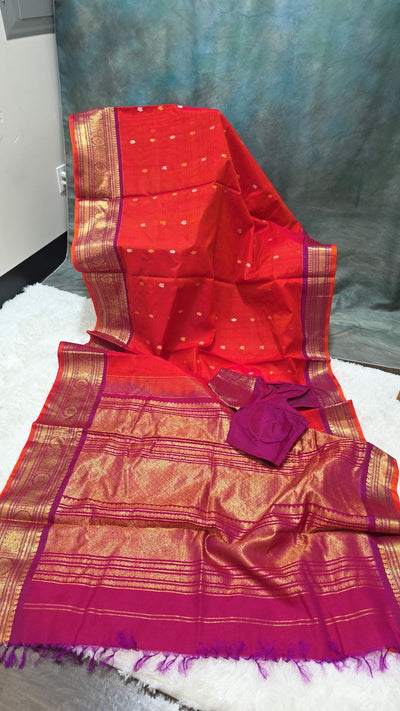 Gadwal Cotton Silk Saree – Red with Pink Border & Golden Zari Weaving, Handwoven Traditional Saree with Contrast Blouse