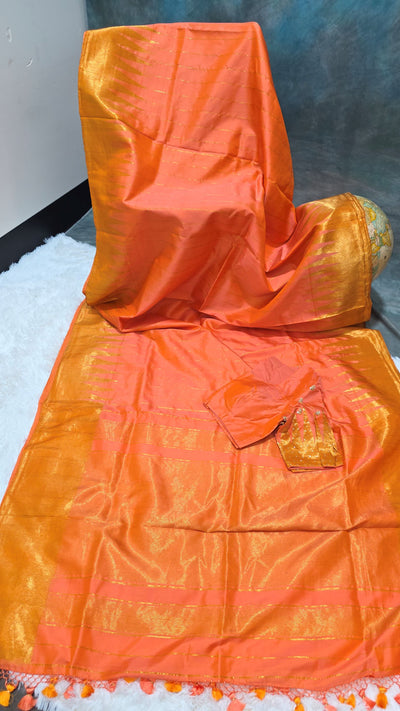 Gadwal Silk Saree – Vibrant Orange with Golden Zari Accents & Matching Embroidered Blouse