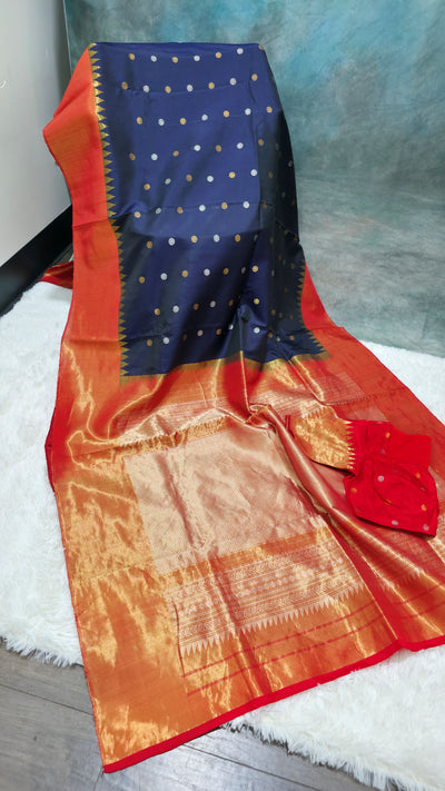 Gadwal Pure Silk Saree – Navy Blue with Red Pallu & Gold Zari Border, Handwoven Traditional Saree with Matching Blouse