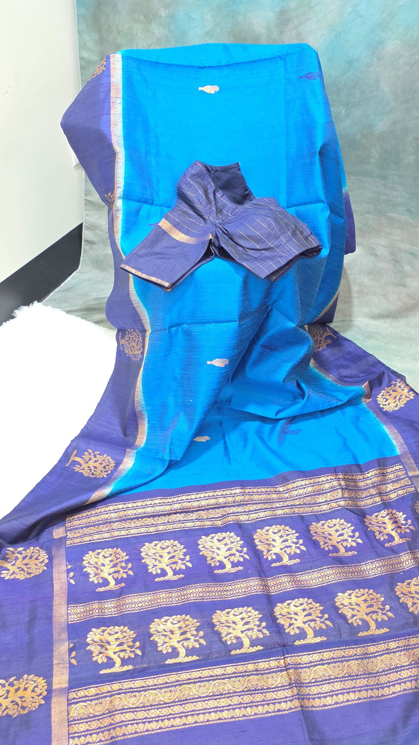 Khadi Silk Saree – Royal Blue with Purple Border & Golden Zari Motifs, Handwoven Traditional Indian Saree with Matching Blouse