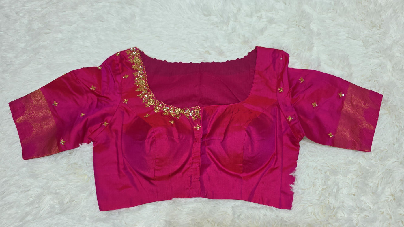 Rani Pink Kanchipuram Pattu Saree with Golden Paisley Zari & Embroidered Blouse