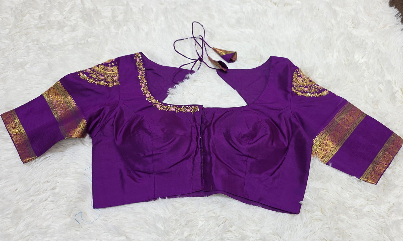 Kanchipattu Silk Saree – Baby Pink with Purple Border & Zari Work, Elegant Designer Blouse