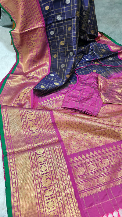 Gadwal Pure Silk Saree – Navy Blue, Handwoven Traditional Indian Saree with Matching Blouse
