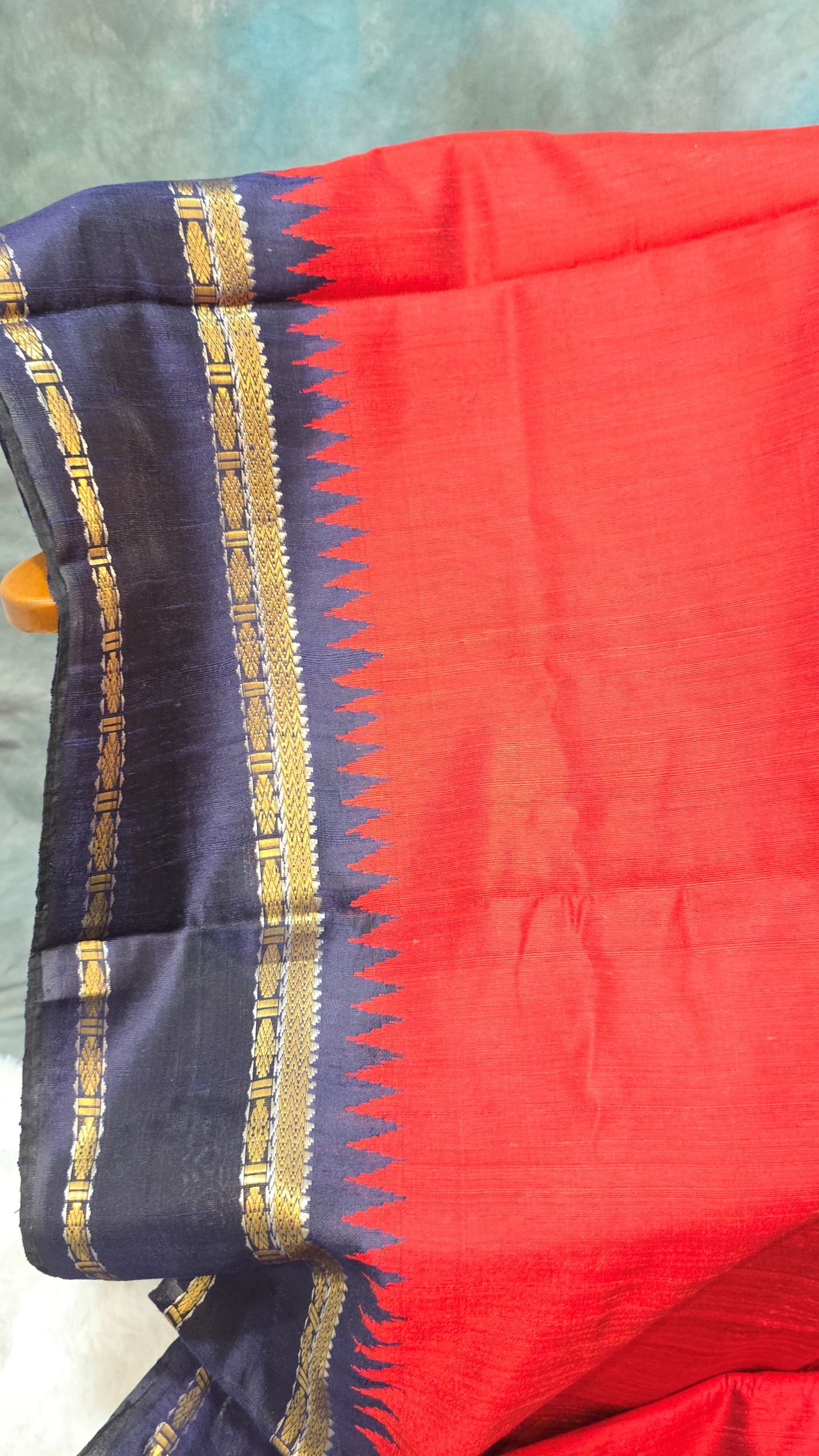 Khadi Silk Saree – Red with Navy Blue Border & Golden Zari Work, Handwoven Traditional Saree with Matching Blouse