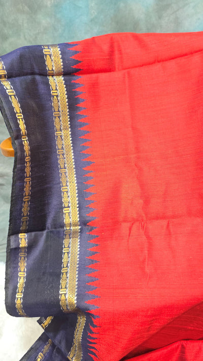 Khadi Silk Saree – Red with Navy Blue Border & Golden Zari Work, Handwoven Traditional Saree with Matching Blouse