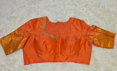 Gadwal Silk Saree – Vibrant Orange with Golden Zari Accents & Matching Embroidered Blouse