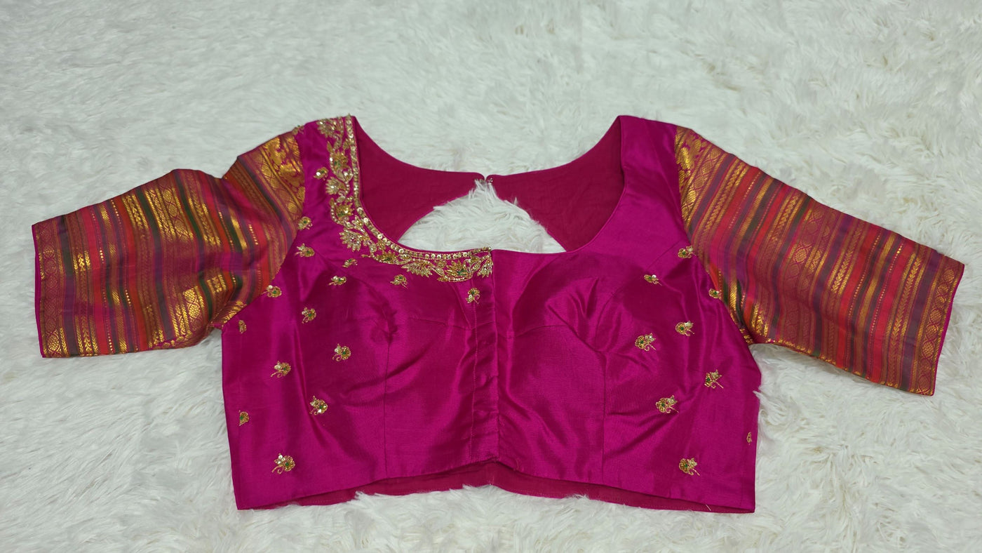 Kanchipattu Silk Saree – Orange & Pink Dual Tone with Gold Zari Weave and Embroidered Blouse
