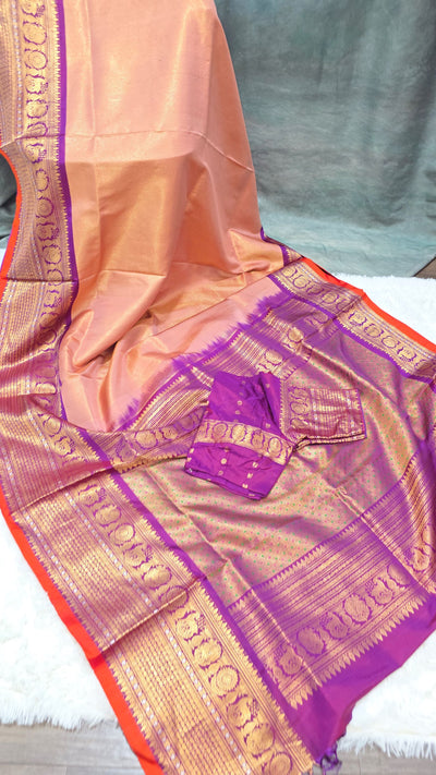 Gadwal Pure Silk Saree – Peach Body with Purple Zari Border & Rich Pallu, Handwoven Traditional Saree with Contrast Blouse