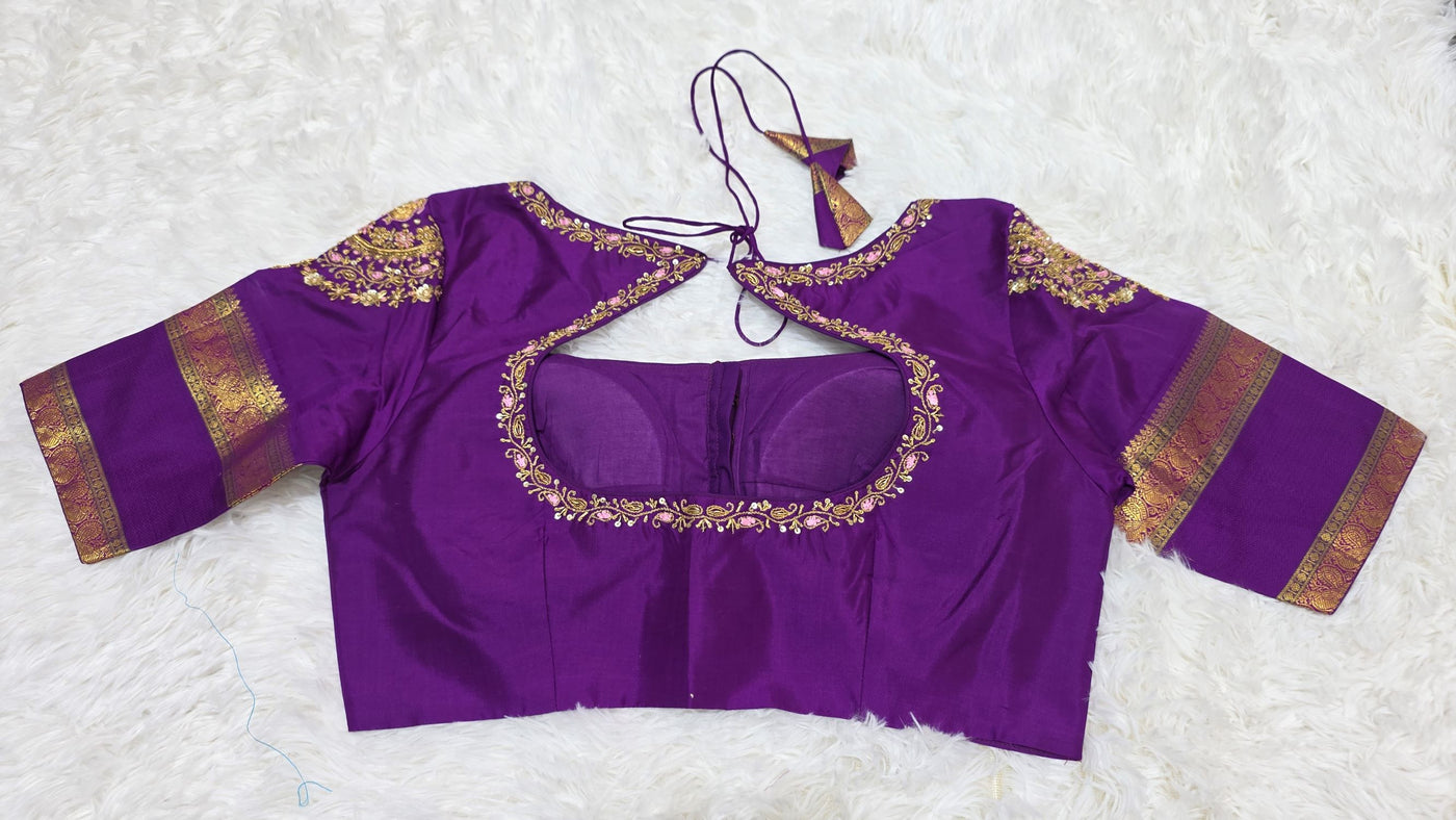 Kanchipattu Silk Saree – Baby Pink with Purple Border & Zari Work, Elegant Designer Blouse