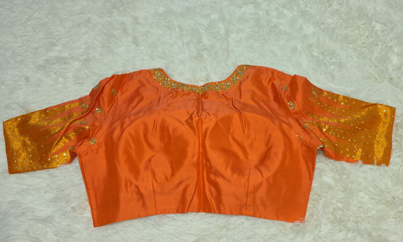 Gadwal Silk Saree – Vibrant Orange with Golden Zari Accents & Matching Embroidered Blouse