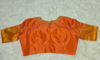 Gadwal Silk Saree – Vibrant Orange with Golden Zari Accents & Matching Embroidered Blouse