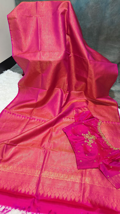 Rani Pink Kanchipuram Pattu Saree with Golden Paisley Zari & Embroidered Blouse