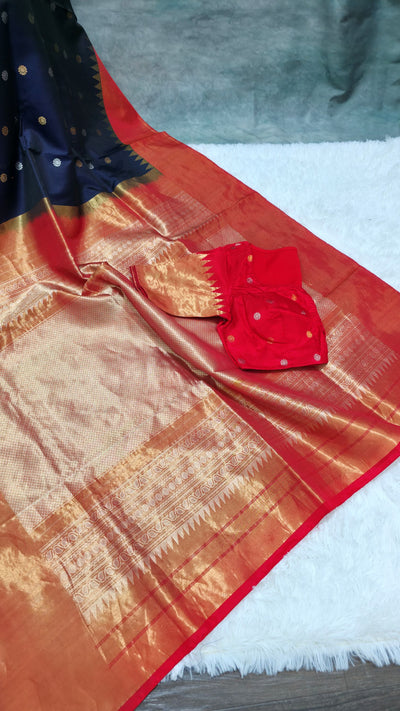 Gadwal Pure Silk Saree – Navy Blue with Red Pallu & Gold Zari Border, Handwoven Traditional Saree with Matching Blouse