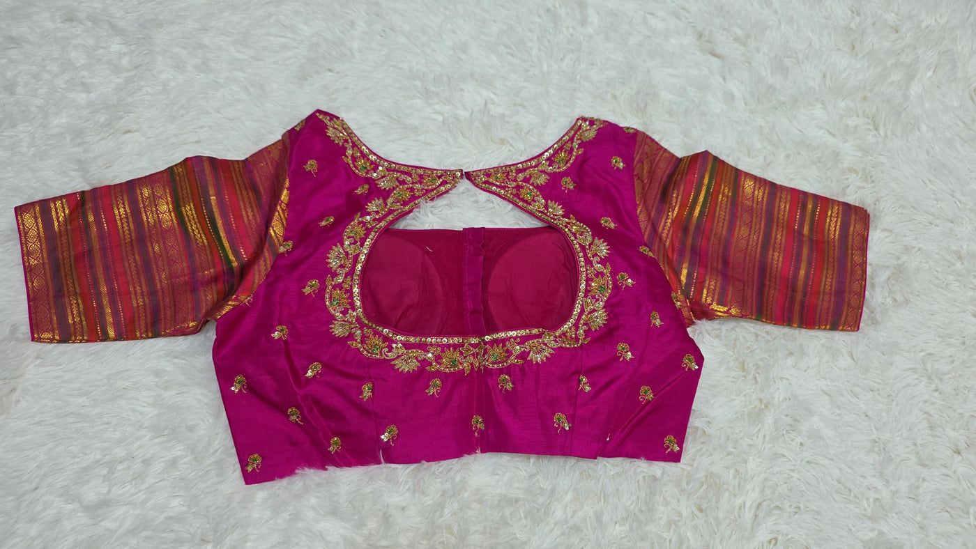 Kanchipattu Silk Saree – Orange & Pink Dual Tone with Gold Zari Weave and Embroidered Blouse