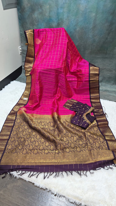 Kanchipuram Pattu Saree – Pink with Deep Purple Border & Rich Golden Zari Weaving, Handwoven Bridal Silk Saree with Designer Blouse