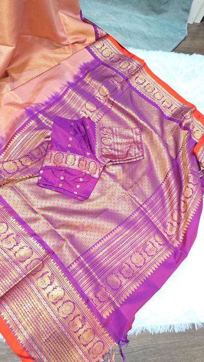 Gadwal Pure Silk Saree – Peach Body with Purple Zari Border & Rich Pallu, Handwoven Traditional Saree with Contrast Blouse