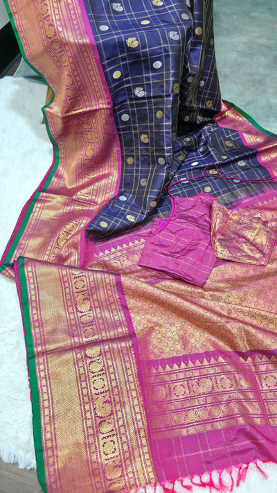 Gadwal Pure Silk Saree – Navy Blue, Handwoven Traditional Indian Saree with Matching Blouse
