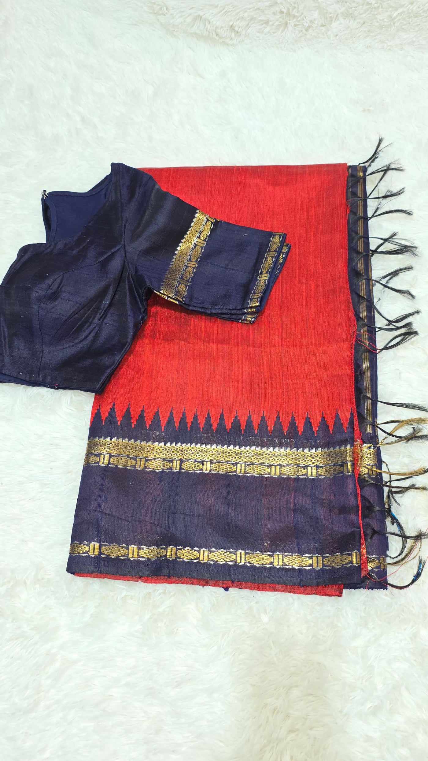 Khadi Silk Saree – Red with Navy Blue Border & Golden Zari Work, Handwoven Traditional Saree with Matching Blouse