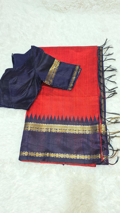Khadi Silk Saree – Red with Navy Blue Border & Golden Zari Work, Handwoven Traditional Saree with Matching Blouse