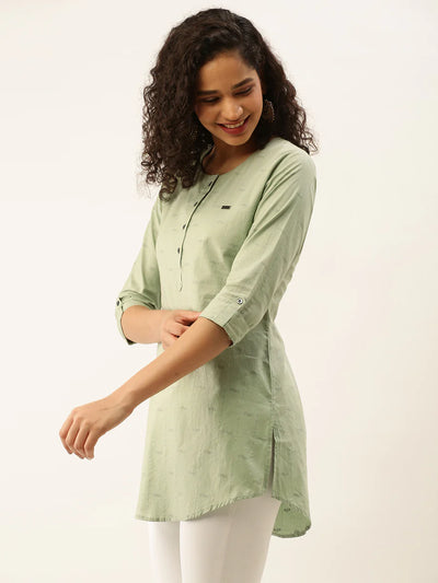 Rayon All Over Yarn Dyed Print Green Straight Tunic - Sakkhi Style