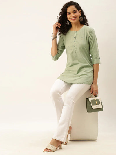 Rayon All Over Yarn Dyed Print Green Straight Tunic - Sakkhi Style
