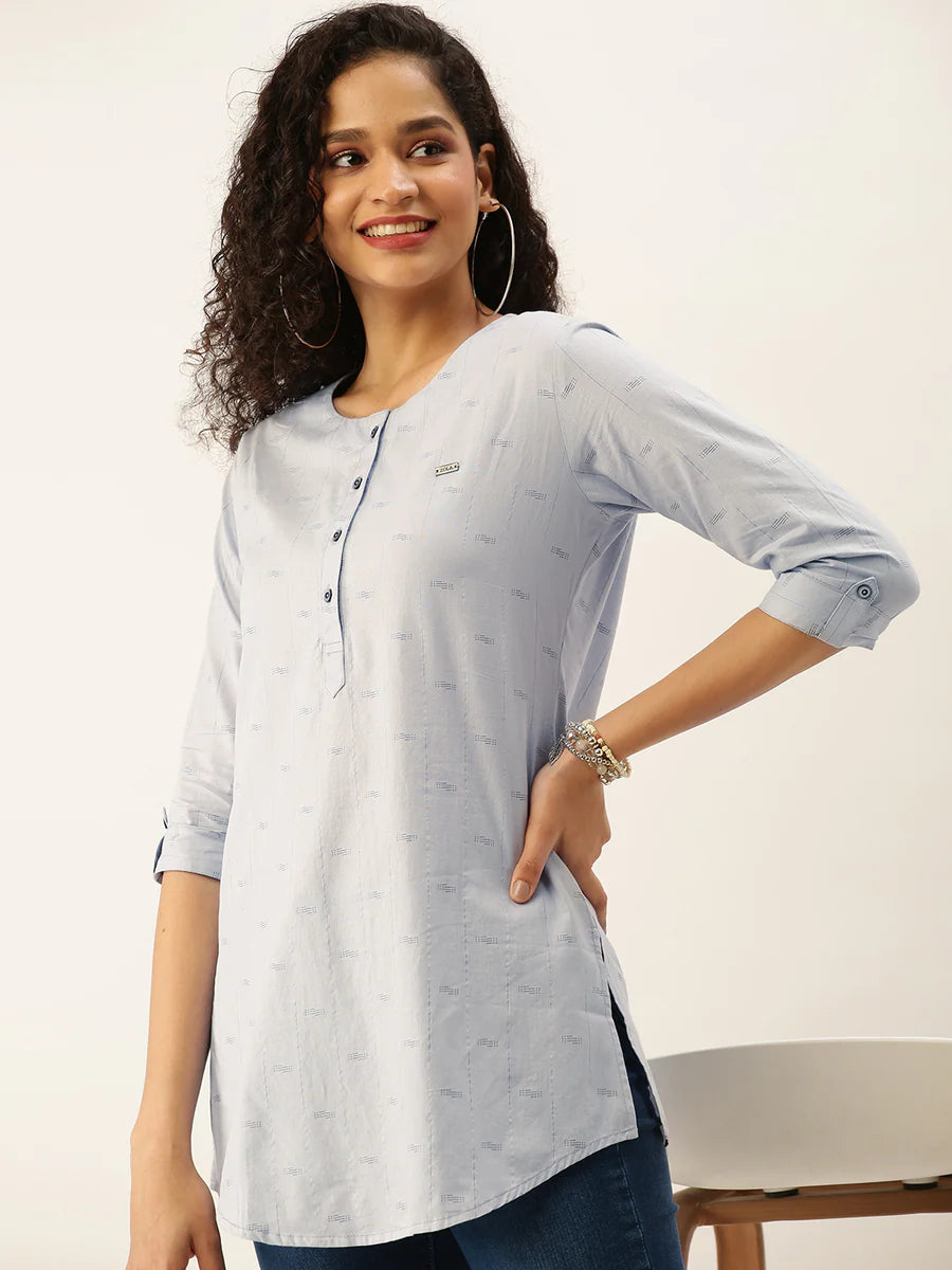 Rayon All Over Yarn Dyed Print Grey Straight Tunic - Sakkhi Style