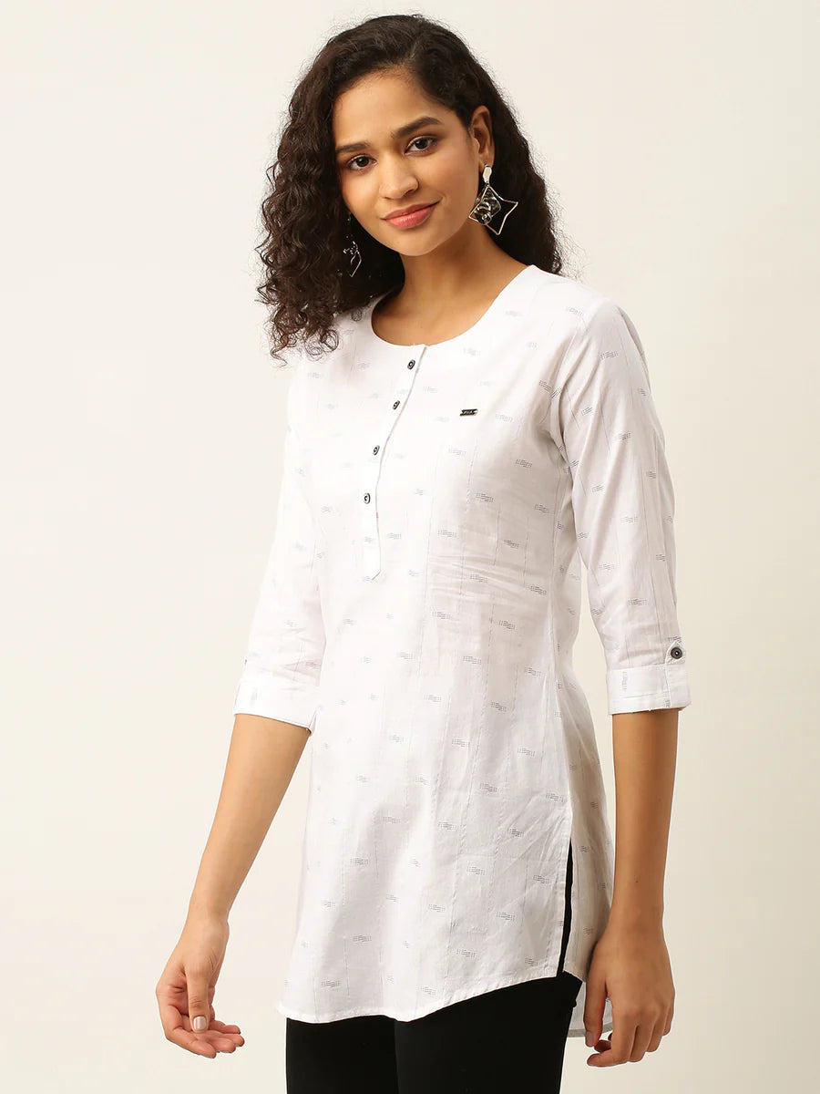 Rayon All Over Yarn Dyed Print White Straight Tunic - Sakkhi Style