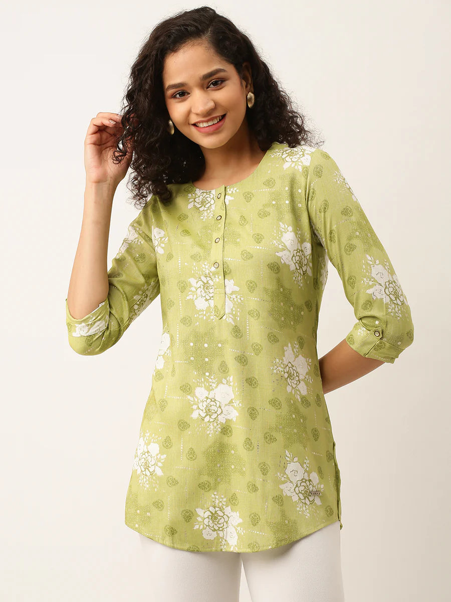 Rayon All Over Block Print Green Straight Tunic - Sakkhi Style