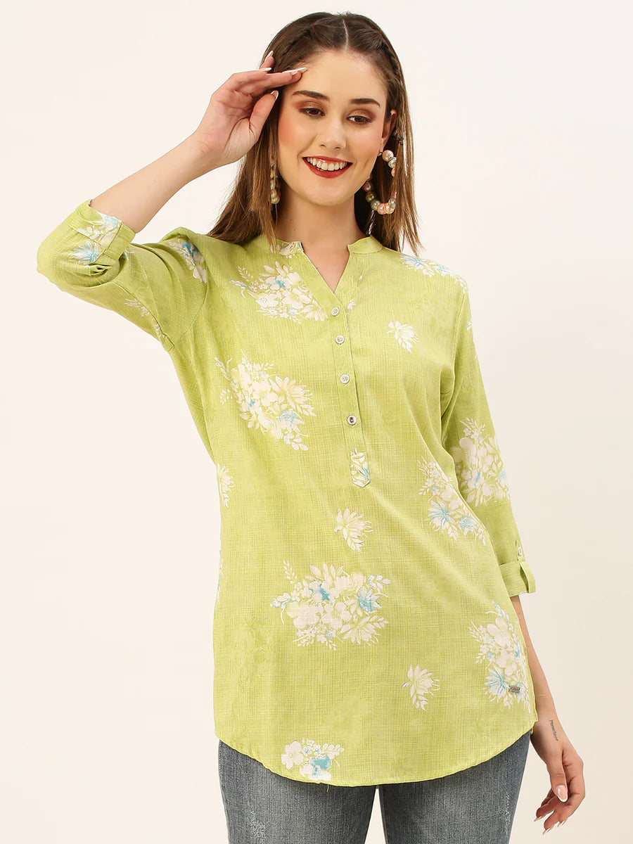 Mandarin Collar Rayon Print Green Straight Tunic - Sakkhi Style