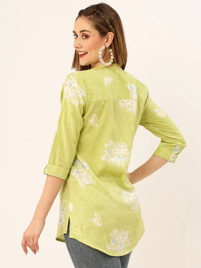Mandarin Collar Rayon Print Green Straight Tunic - Sakkhi Style