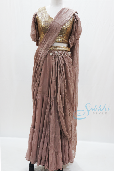 Light Brown georgette draoe style sahara suit with sequene blouse - Sakkhi Style