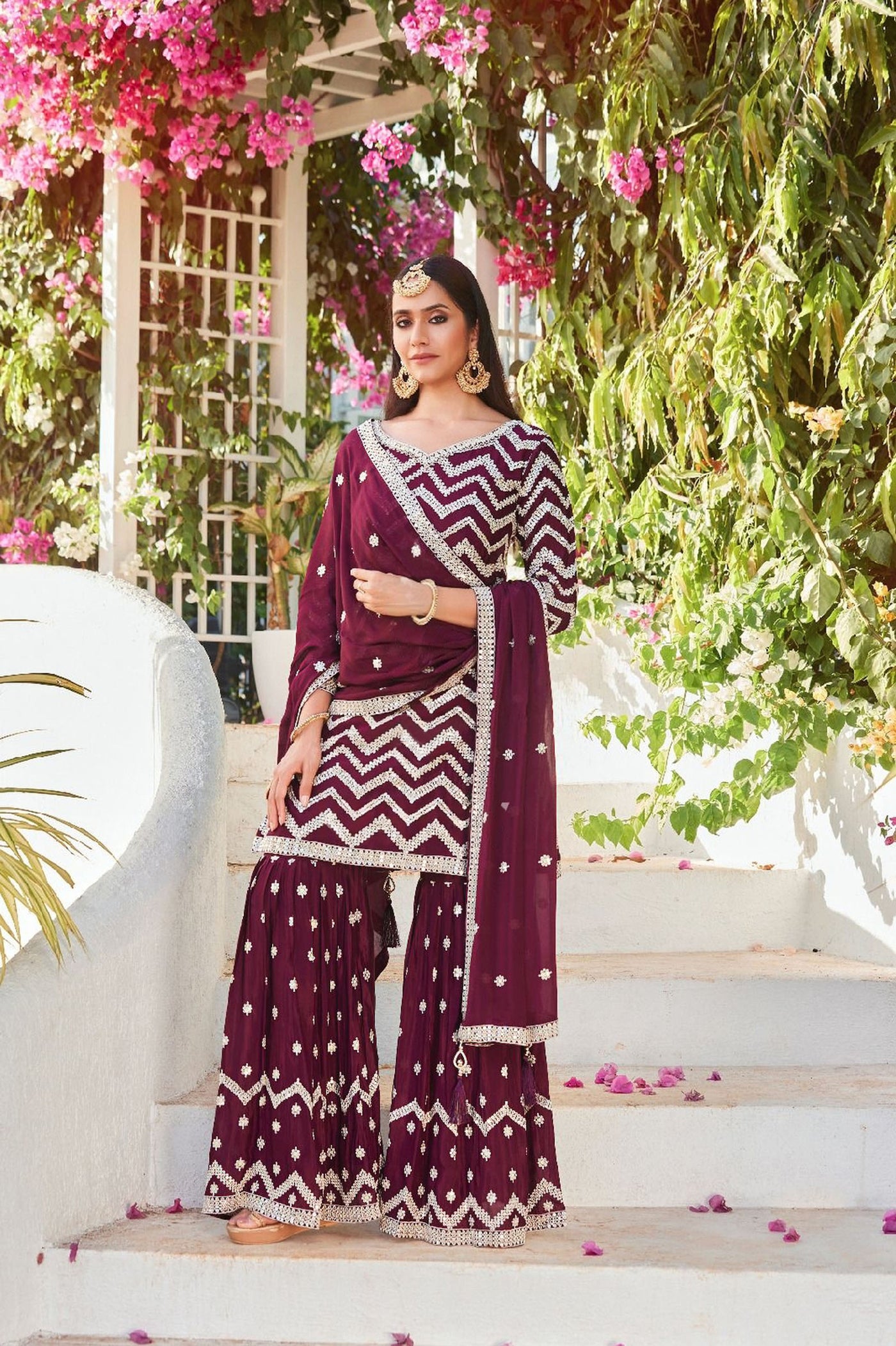 Sakkhi Style Georgette Sharara Set with Embroidered Salwar and Dupatta - Sakkhi Style