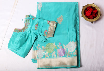 Pastel blue banarasi gold silver zari buta cutwork woven saree - Sakkhi Style