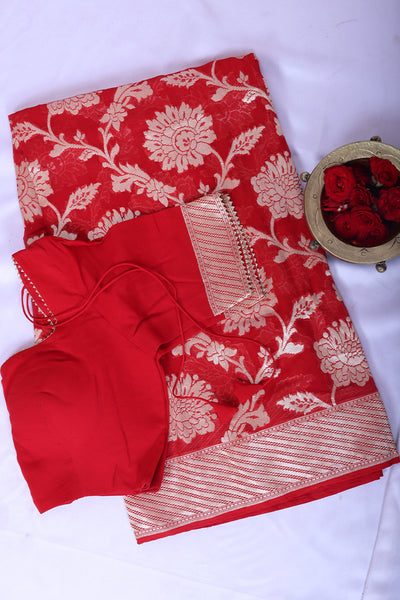 Red and gold toned banarasi silk - Sakkhi Style