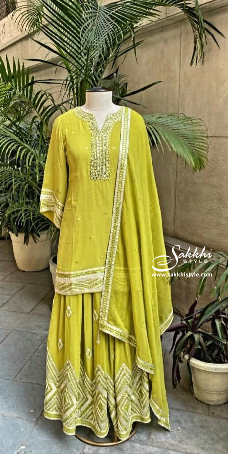 Sakkhi Style Chinon Green Sharara Set with Dupatta, Salwar, and Kurta - Sakkhi Style