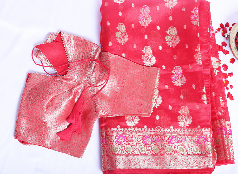Red colour Chaniya silk saree with zari woven blouse - Sakkhi Style